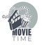 Movie time emblem, clapboard, reel and pop corn