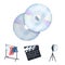 Movies, discs and other equipment for the cinema. Making movies set collection icons in cartoon style vector symbol