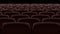 Moving behind the chairs in abstract cinema hall with black screen seamless. Looped 3d animation of rows of seats in