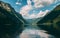 Moving boat in a beautiful mountain lake in the swiss alps, klontalersee switzerland