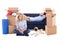 Moving day concept - tired young couple with brown cardboard box