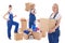 Moving day concept - workers in blue workwear with cardboard box