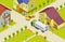 Moving isometric vector illustration. Neighborhood in a small town, home, park, people, delivery track