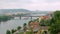 Moving panorama of view of Prague city with historical landmarks, river and outskirts