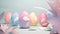 Moving pastel Easter landscape Light pastel Easter eggs design Set of blue, pink and yellow 3D eggs shape frames design