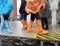 moving people with plastic leggings on the footbridge in Venice