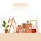 Moving scene with boxes, stairs, frames, carpet and indoor plants on a white background. Vector illustration