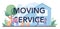 Moving service typographic header. Worker in uniform carrying boxes.