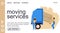 Moving services landing page template with man loading sofa into truck, flat vector illustration.