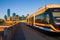 Moving streetcar on the Houston Street Viaduct with the city of Dallas in background.