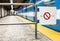 Moving subway train and Motion blur with Safety Interdiction Sign.