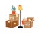 Moving to a new home. The family moved to a new home. Paper cardboard boxes with various household items. Vector