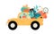 Moving to a new house. Conceptual illustration with a man driving a car in which he carries furniture and household items