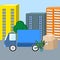 Moving track with cartoon boxes and plant vector illustration