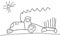 Moving tractor with trailer, drawing of child, hand drawn. Vector illustration