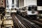 Moving Train on elevated tracks within buildings at the Loop, Glass and Steel bridge between buildings - Chicago City Center - Lon