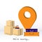 We are moving.  Transportation and home removal. Orange sign of location 3d, Boxes, books and two suitcases