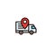 Moving truck tracking icon with pin locator symbol. relocation and delivery concept. simple clean thin outline style design.