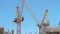 Moving yellow tower cranes and unfinished building construction against blue sky