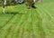 Mowed green lawn with lawn mower traces. Grass.