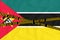Mozambique flag, the Don`t Cross the Line mark and the location tape. Crime concept, police investigation, quarantine. 3d