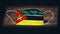 Mozambique National Flag at medical, surgical, protection mask on black wooden background. Coronavirus Covidâ€“19, Prevent