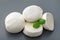 Mozzarella cheese with basil on stone table. Natural italian dairy product