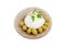 Mozzarella cheese with parsley and green olives on glass saucer