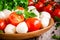 Mozzarella, organic cherry tomatoes and fresh basil closeup