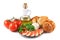 Mozzarella, tomatoes, olive, basil, roll, composition on a white background