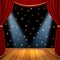 Mpty theatrical scene stage with red curtains drapes and brown wooden floor with dramatic spotlight in the center