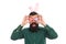 Mr bunny hop. Hipster hold eggs as glasses. Easter bunny bringing eggs. Bearded man wear bunny ears. Funny bunny rabbit