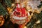 Mr and Mrs Santa kissing retro really old Christmas decoration of colloid and styrofoam and beads and trim hanging from a tree -