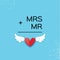 Mr and Mrs words. Mister plus Missis equal love on sky blue. Paper cut Red heart and angel wings. Romantic card For