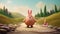 Mr. Potato Head Bunny Walking Down A Long Path In Soft Colored Plasticine Illustration Style