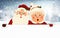 Mrs. Claus Together. Vector cartoon character of Happy Santa Claus and his wife with signboard, advertisement banner