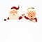 Mrs. Claus Together. Vector cartoon character of Happy Santa Claus and his wife with signboard, advertisement banner