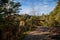 Msenske Poklicky unique sandstone table rock formation, Kokorin Protected landscape Area, forest in sunny day, blue footpath