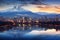 Mt. Fitz Roy reflected in the lake at sunrise, Chile, Evening panorama of Santiago de Chile, AI Generated