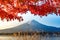 Mt Fuji in autumn behind the red maple tree from Lake Kawaguchi