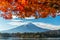 Mt Fuji. beautiful view of Fuji san mountain with colorful red maple leaves and winter morning fog in autumn season