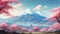 Mt. Fuji and cherry blossom season background, Japan. generative ai