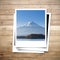 Mt. Fuji Japan memory on photo frame brown wood plank background