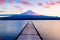 Mt. Fuji with a leading dock in Lake Kawaguchi, Japan