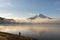 Mt.Fuji with misty in the morning at Lake Kawakuchi