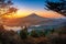 Mt. Fuji over Lake Kawaguchiko with autumn foliage at sunrise in Fujikawaguchiko, Japan