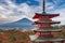 Mt. Fuji without snowcap with Chureito Pagoda on foreground at daytime in summer