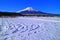 Mt.Fuji of snowy blue sky from Oshino Village Japan