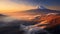 Mt Fuji at sunrise with clouds and fog in Yamanashi, Japan. Beautiful colorful landscape with mountains and river at sunrise.