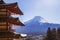 Mt. Fuji viewed from behind Chureito Pagoda.